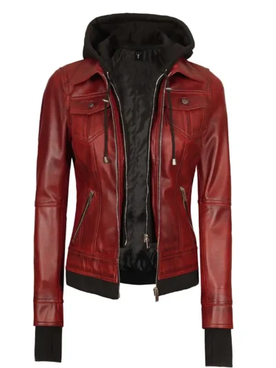 Bethany Red Hooded Leather Jacket