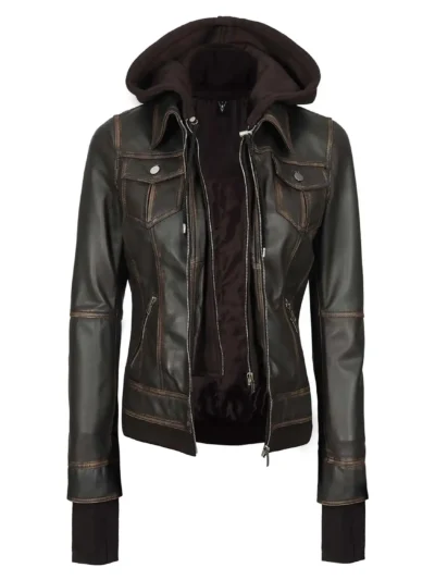 Bethany Distressed Brown Hooded Leather Jacket