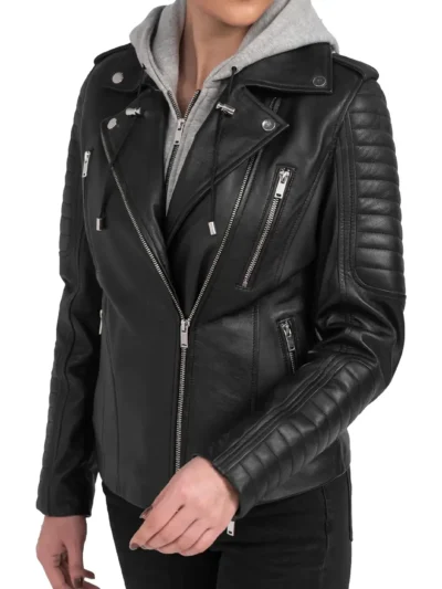 Elizabeth Black Biker Leather Jacket with Grey Hood