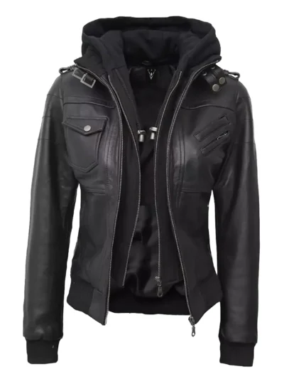 Hannah Black Bomber Hooded Leather Jacket