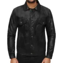 Isaac Black Leather Trucker Jacket