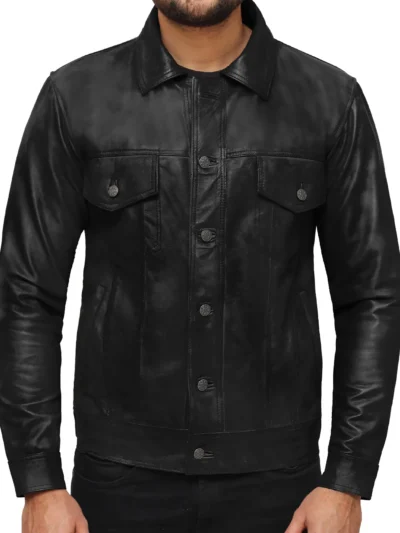 Isaac Black Leather Trucker Jacket