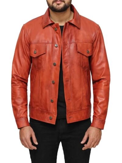 MensBrownTruckerLeatherJacketSheepskin